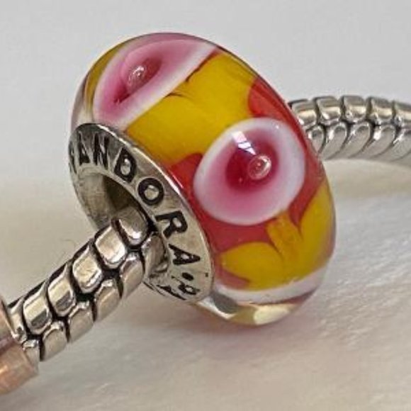 Pandora Jewelry - PANDORA Silver 925 ALE Murano Glass Screw Core Pink, Yellow, Red  Flower Blossom